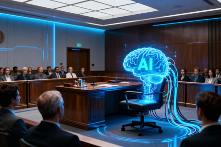 A courtroom scene features an AI brain hologram, symbolizing the intersection of technology and lawの素材