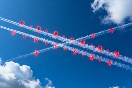 This striking image features a surreal scene of skull-shaped contrails in the sky, creating a unique visualの素材