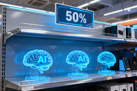 This image shows a futuristic display of AI technology with a 50% off sign, suggesting a sale or promotionの素材