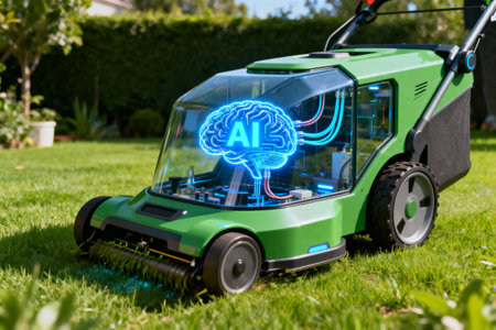 This innovative lawn care concept features an artificial intelligence brain controlling a self-driving mower, revolutionizing yard workの素材