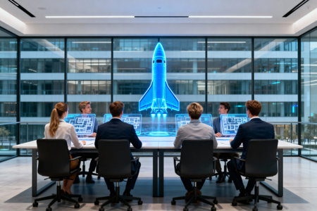 A group of professionals collaborates on a futuristic project, using advanced technology to visualize their goalsの素材