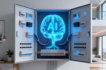 This image depicts an AI brain integrated into an electrical panel, symbolizing smart technology and automationの素材