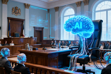 This image depicts a courtroom setting with AI-enhanced technology and futuristic elements, suggesting a new era of justiceの素材