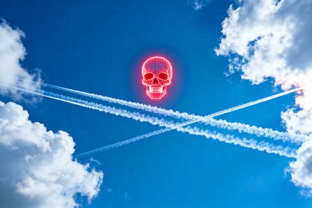 A digital skull hovers in the sky, with contrails and clouds adding to the surreal sceneの素材