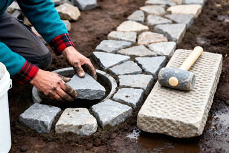 A person carefully places stones to create a beautiful and durable garden pathwayの素材