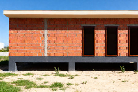 The unfinished building showcases the brickwork and window frames against a clear blue skyの素材