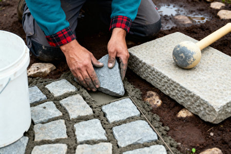 A person carefully places a stone paver into the prepared mortar base, creating a beautiful outdoor featureの素材