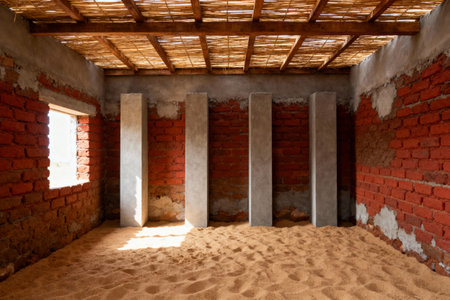 This unique space features exposed brick, concrete columns, and a natural sandy floor, creating a raw, unfinished aestheticの素材