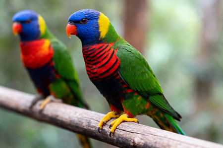 These colorful parrots display a stunning array of colors, making them a captivating sight in their natural habitatの素材