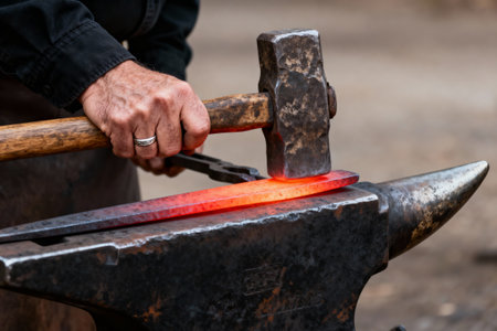 A blacksmith uses a hammer to shape a piece of red-hot metal on an anvil, creating a traditional craftの素材