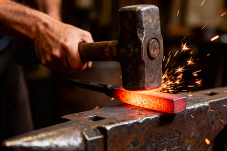 A blacksmith uses a hammer to shape a piece of glowing metal on an anvil, creating sparks in the processの素材