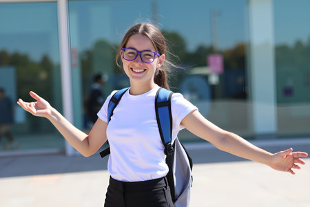 A cheerful student wearing glasses and a backpack smiles broadly with arms outstretched, ready for the dayの素材