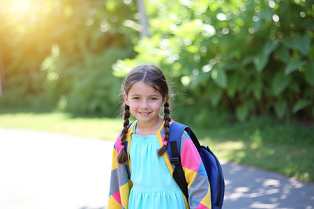 A young girl with a colorful jacket and backpack smiles while walking outside on a sunny dayの素材