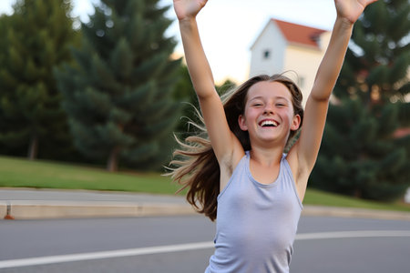 A happy girl with long hair is smiling broadly while jumping with her arms raised in the airの素材