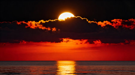 The sun sets behind dark clouds, casting a warm glow over the water and creating a stunning natural displayの素材