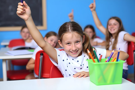 A smiling student is eager to participate in a lesson, surrounded by classmates in a bright classroom settingの素材