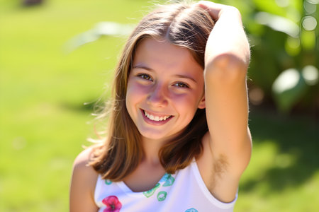A young girl smiles brightly while enjoying a sunny day outside, her arm raised above her headの素材