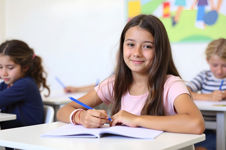 A young student smiles while working on an assignment in a classroom settingの素材
