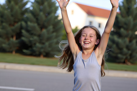 A young girl with long blonde hair smiles widely while jumping with her arms raised in the airの素材