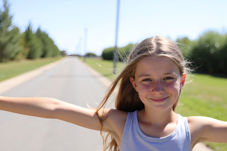 A young girl smiles widely with her arms open wide, enjoying the sunshine on a beautiful dayの素材