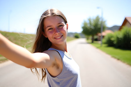 A young woman with long hair smiles while taking a selfie on a sunny day, showing a natural lookの素材