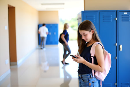 A young student checks her phone while standing in a school hallway, with other students in the backgroundの素材