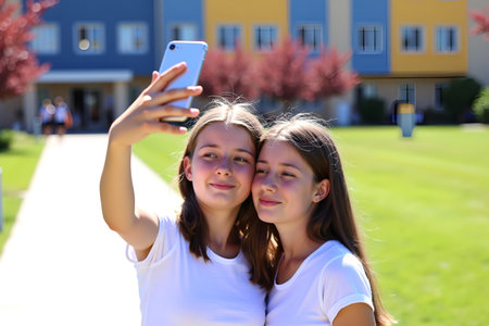 Two smiling teenage girls pose for a selfie in front of a building with a green lawnの素材