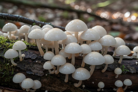 oudemansiella-mucida-These delicate mushrooms thrive in a damp, shaded environment, adding beauty to the forest floorの写真素材