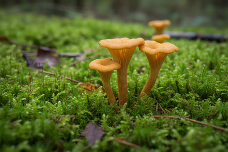 These wild mushrooms are growing in a bed of vibrant green moss, creating a beautiful natural sceneの写真素材