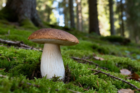This image showcases a single, perfect porcini mushroom in its natural habitat, surrounded by vibrant green mossの写真素材