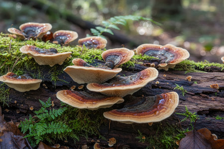 trametes-versicolor-These beautiful fungi are thriving in a damp, shaded woodland setting, showcasing nature's resilience and beautyの写真素材
