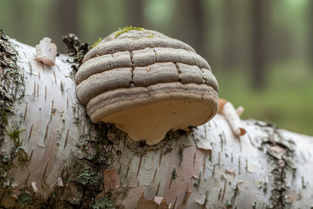 hungers-fomentarius-A close-up shot of a bracket fungus growing on a birch tree, showcasing the...