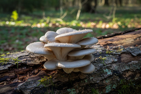 pleurotus-ostreatus-These edible oyster mushrooms thrive in a damp, shaded forest environment, clinging to a decaying logの写真素材