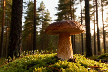 This stunning image captures a mushroom in its natural habitat, surrounded by lush green moss and tall treesの写真素材