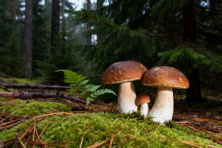 A beautiful shot of mushrooms thriving in their natural habitat, surrounded by moss and fernsの写真素材