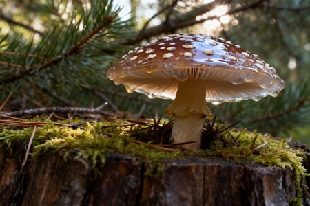 This stunning macro shot captures the beauty of a wild mushroom in its natural habitat, illuminated by sunlightの写真素材
