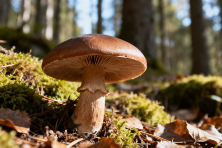 A beautiful mushroom stands out in the forest, surrounded by green moss and fallen leaves, creating a natural sceneの写真素材