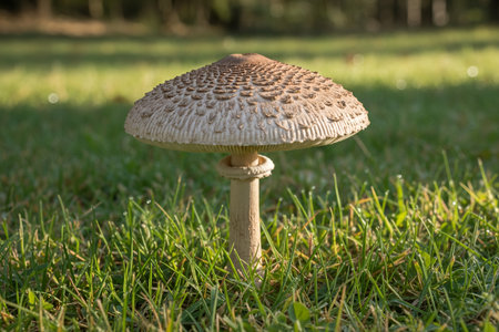 chlorophyllum-olivieri-This stunning mushroom stands tall in a field, showcasing its unique cap and stemの写真素材