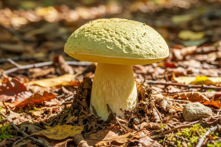A beautiful mushroom is captured in its natural habitat, surrounded by fallen leaves and dappled sunlightの写真素材