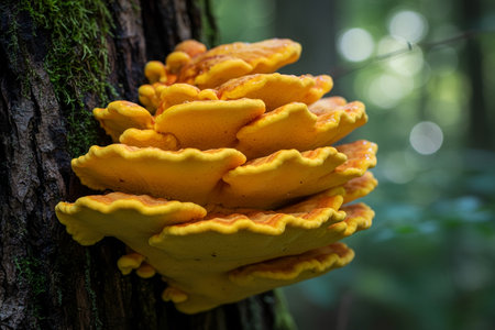 laetiporus-sulphureus-This image showcases a beautiful specimen of Laetiporus sulphureus, a vibrant edible bracket fungusの写真素材