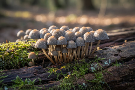 coprinellus-micaceus-A cluster of mushrooms thrives on a fallen log, surrounded by lush green moss...