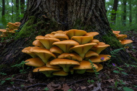 omphalotus-olearius-A cluster of vibrant golden oyster mushrooms thrives in a lush, green forest...