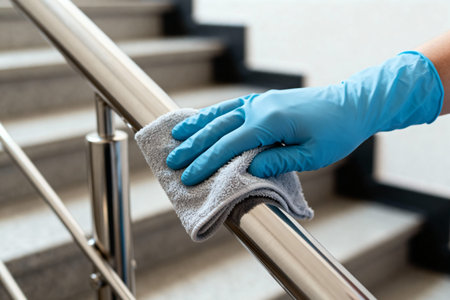 A person wearing a blue glove wipes down a handrail with a microfiber cloth to disinfect it