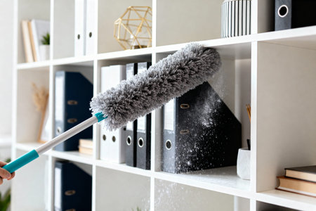 A fluffy duster removes dust from a shelf in an office, keeping the space clean and tidyの写真素材