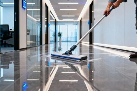A worker mops a shiny floor in a contemporary office building, maintaining cleanliness and hygieneの写真素材