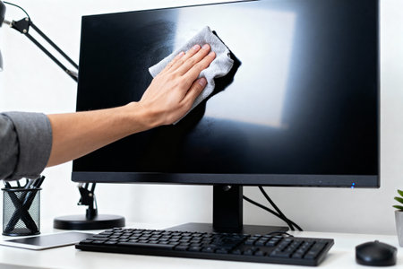 A person is wiping down a computer screen with a soft cloth to remove dust and smudgesの写真素材