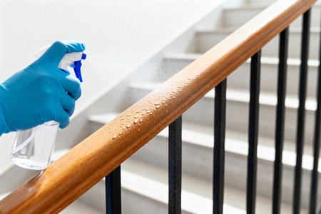 A person wearing a blue glove sprays disinfectant on a wooden handrail to prevent the spread of germsの写真素材