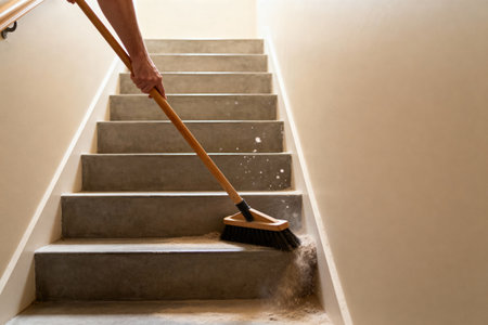 A person is cleaning a staircase with a broom, removing dust and dirt from the stepsの写真素材