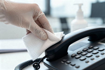 A gloved hand wipes down a phone receiver with a sanitizing wipe, promoting hygiene and cleanlinessの写真素材