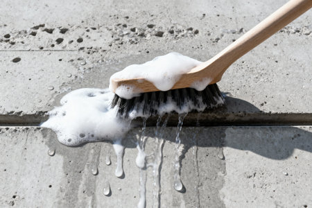 A close-up shot shows a wooden brush scrubbing a concrete surface, creating foamy suds and water dropletsの写真素材